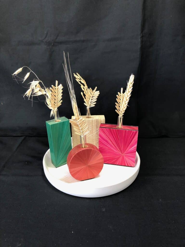 Straw marquetry bud vases